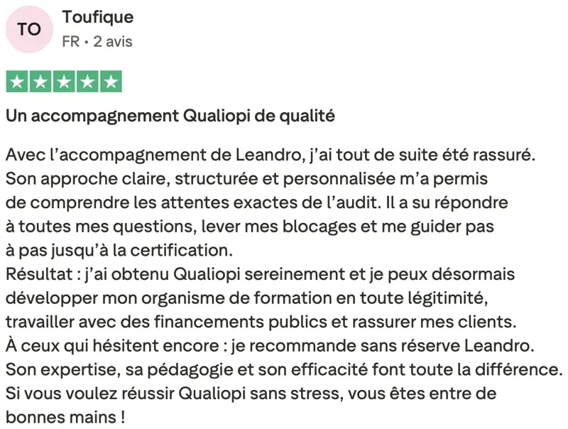 Avis Trustpilot vérifié — Toufique