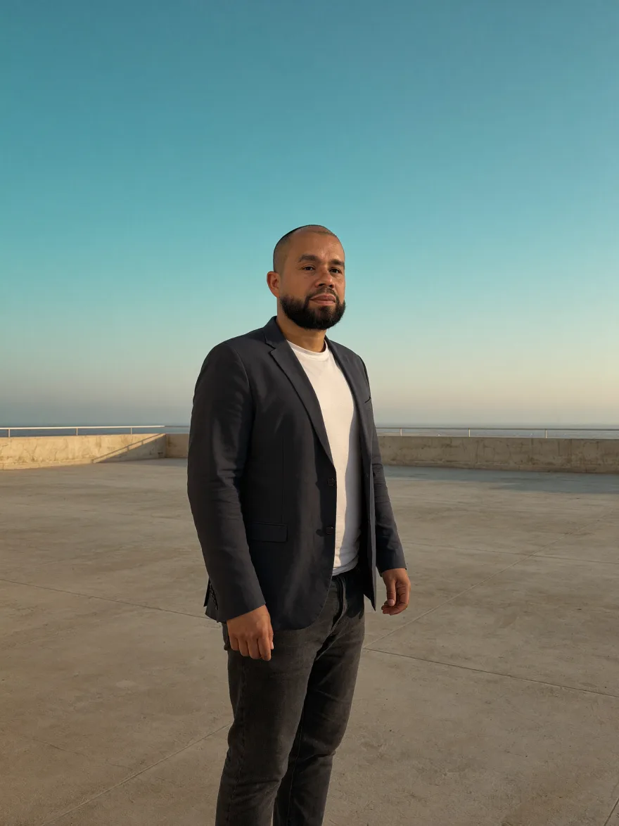 Leandro Lozahic, fondateur de Formateur Pro, sur une terrasse au coucher du soleil