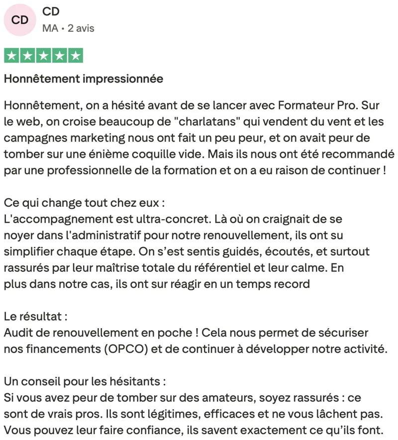 Avis client Qualiopi vérifié sur Trustpilot 10