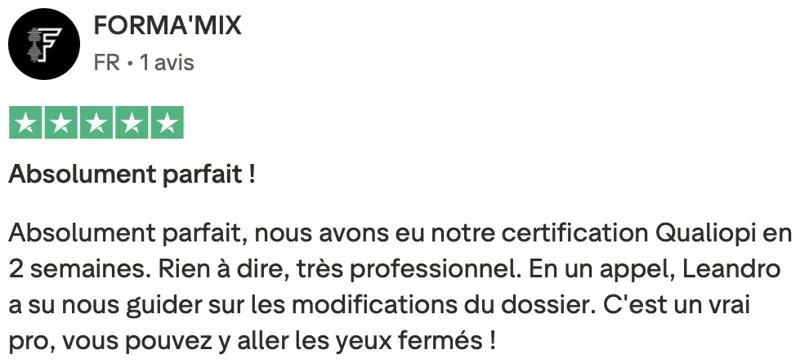 Avis client Qualiopi vérifié sur Trustpilot 2