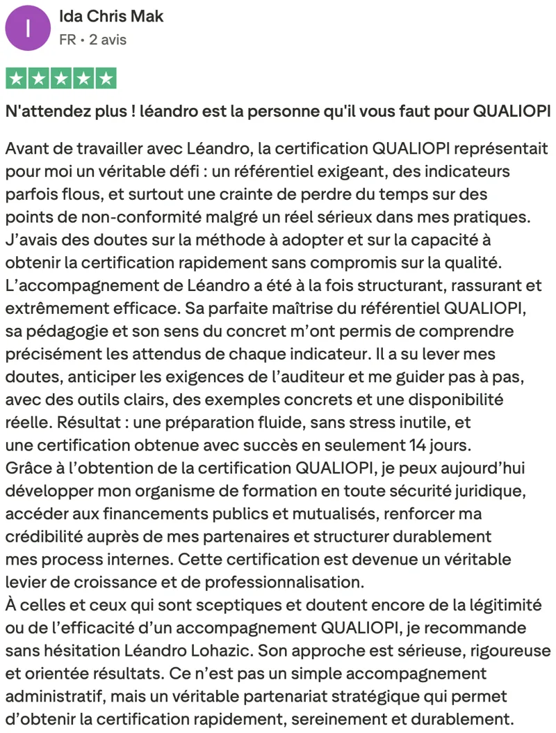 Avis client Qualiopi vérifié sur Trustpilot 12
