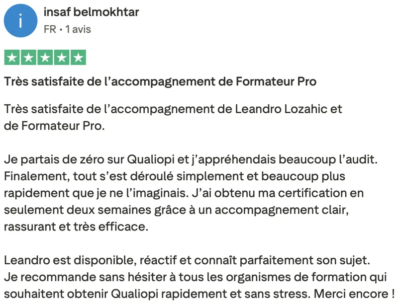 Avis client Qualiopi vérifié sur Trustpilot 1