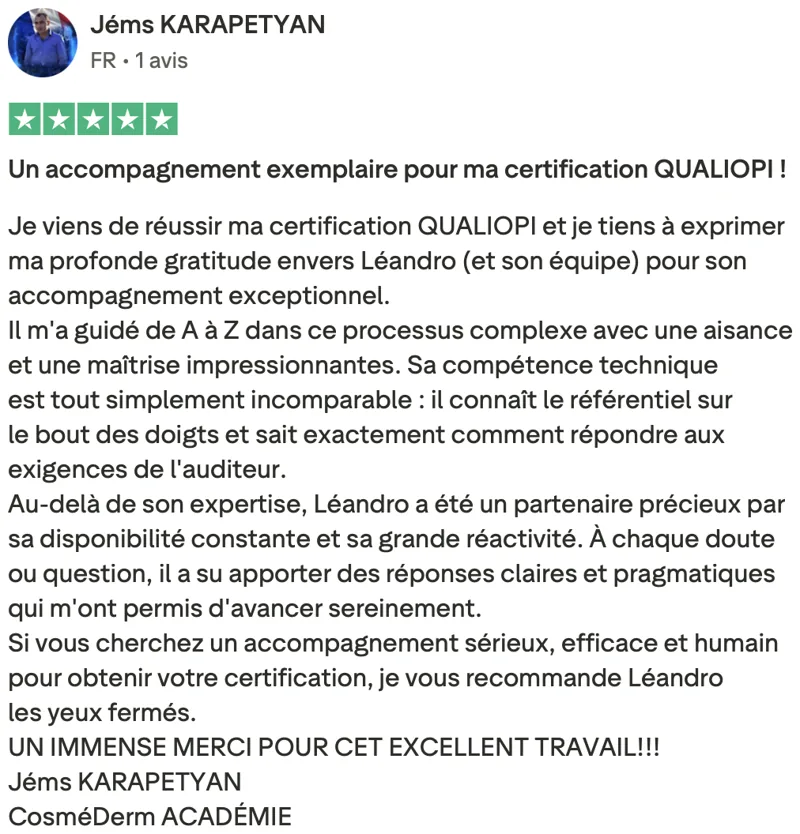 Avis client Qualiopi vérifié sur Trustpilot 8
