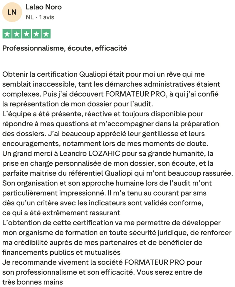 Avis client Qualiopi vérifié sur Trustpilot 11