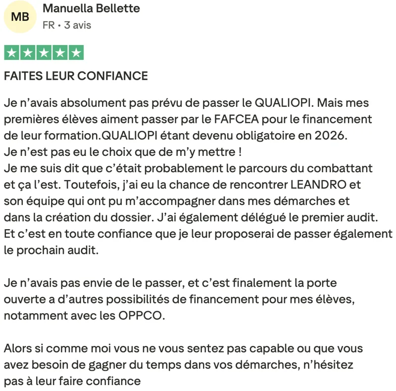Avis client Qualiopi vérifié sur Trustpilot 9