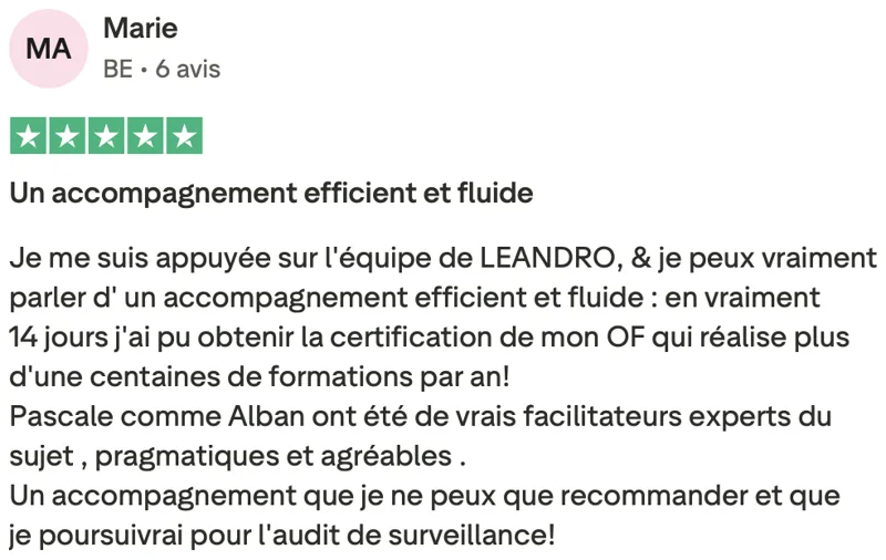 Avis client Qualiopi vérifié sur Trustpilot 5