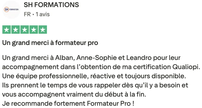Avis client Qualiopi vérifié sur Trustpilot 3