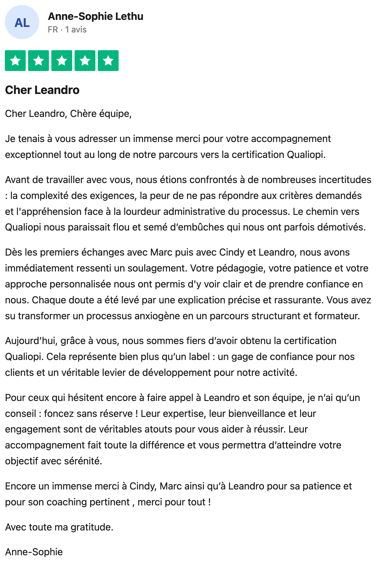 Avis Trustpilot vérifié — Anne-Sophie Lethu, recommandation appuyée