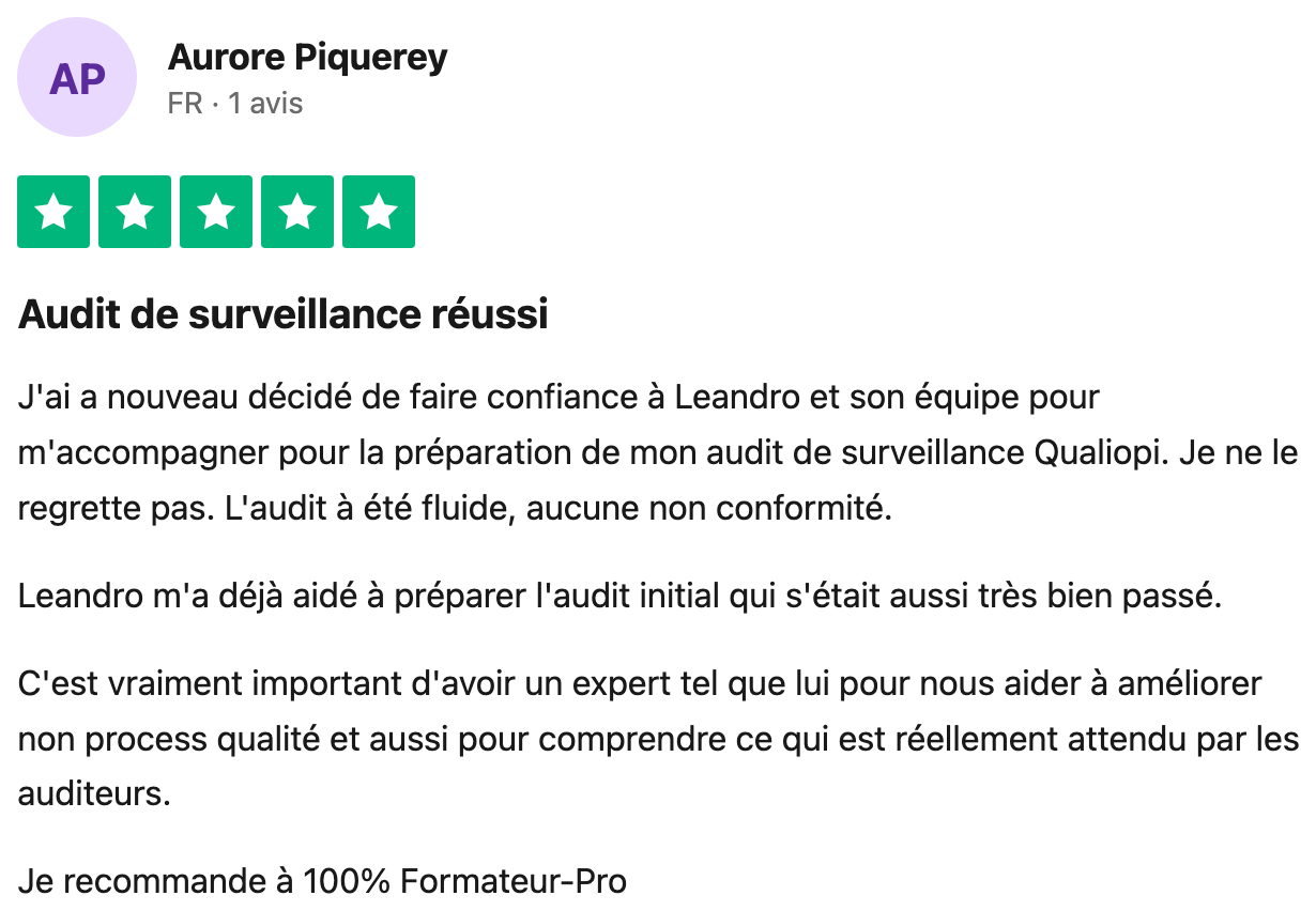 Avis Trustpilot vérifié — Aurore Piquerey, audit de surveillance réussi