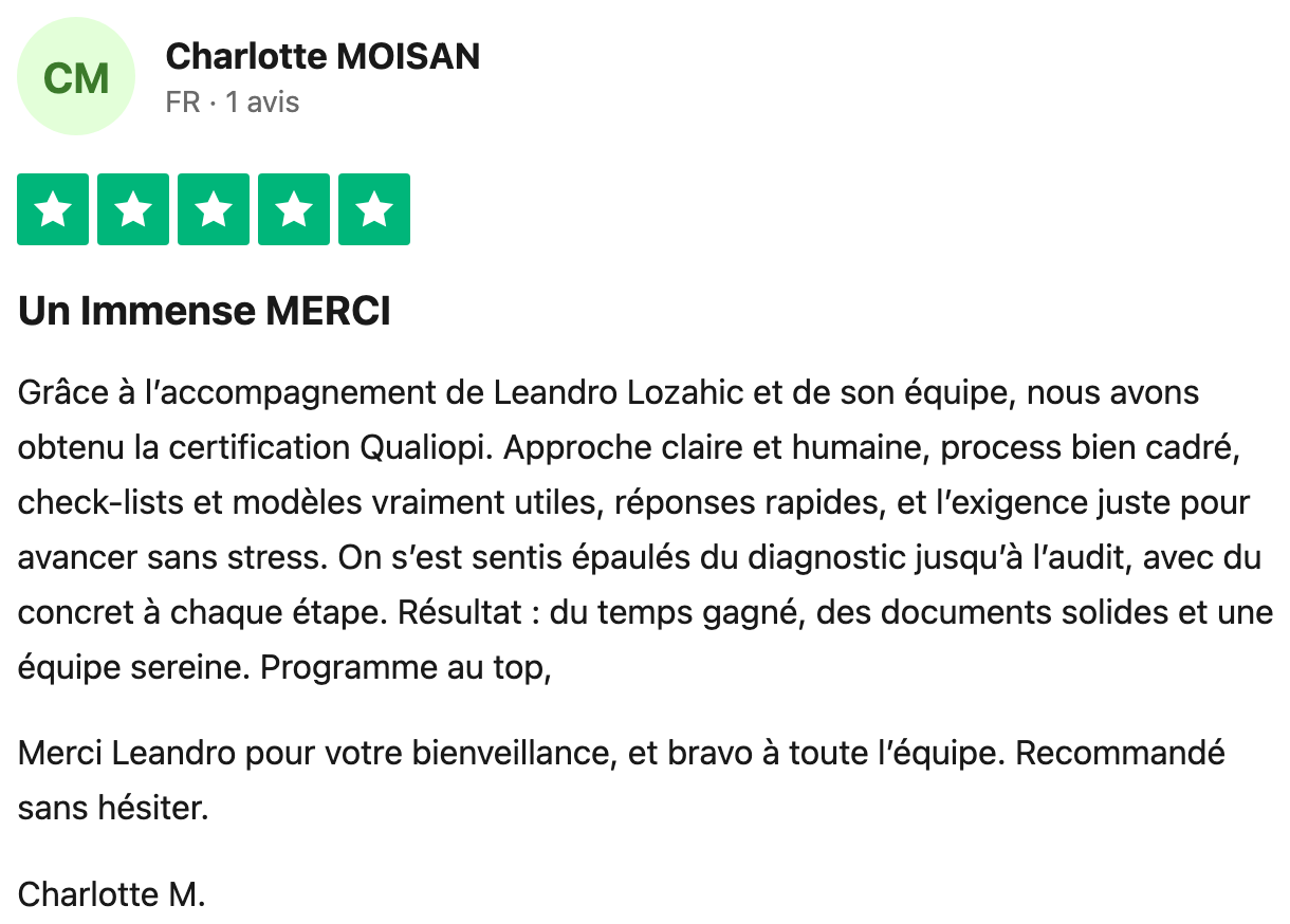Avis Trustpilot vérifié — Charlotte Moisan, financements sécurisés