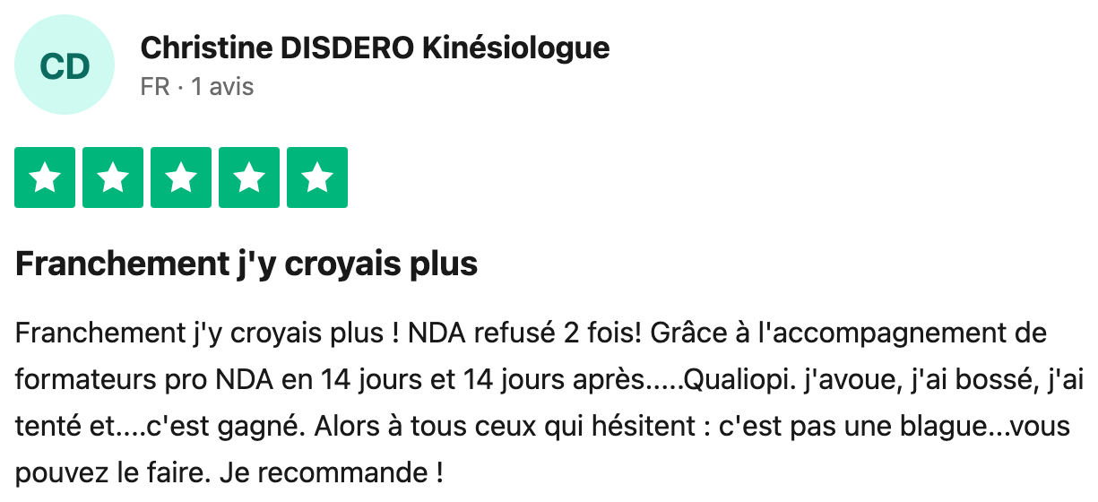 Avis Trustpilot vérifié — Christine Disdero, NDA refusé deux fois puis obtenu en 14 jours