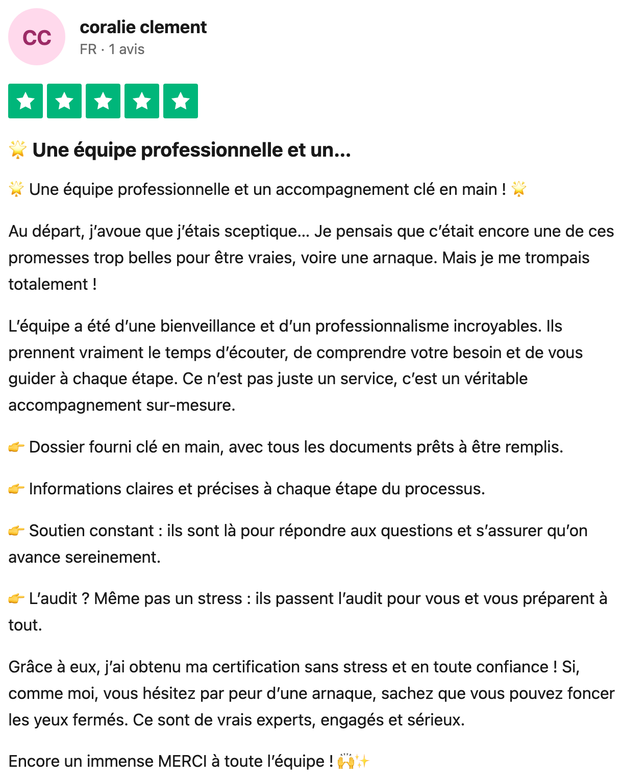 Avis Trustpilot vérifié — coralie clement, équipe professionnelle