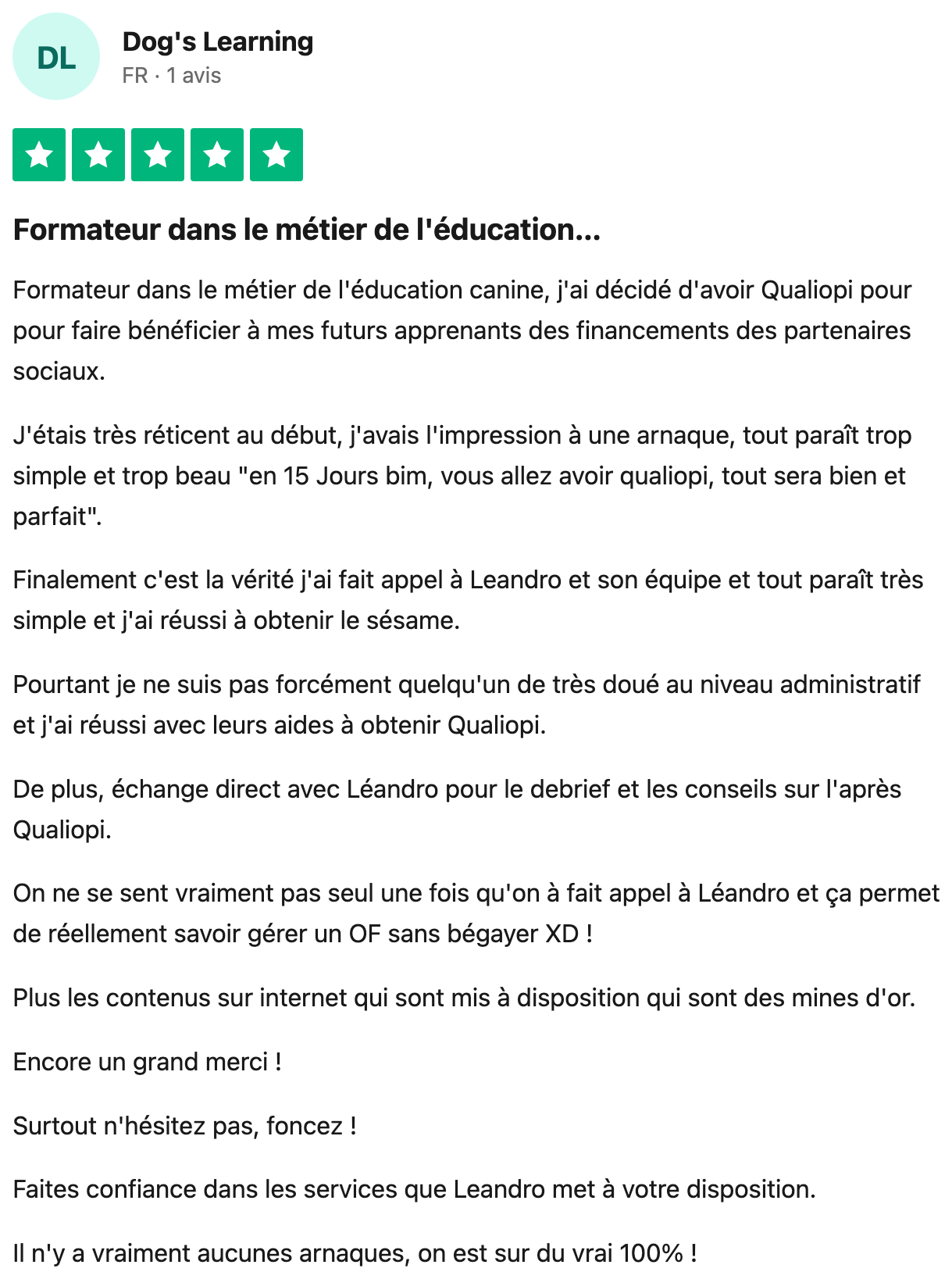 Avis Trustpilot vérifié — Dog's Learning, parti de zéro sur l'administratif