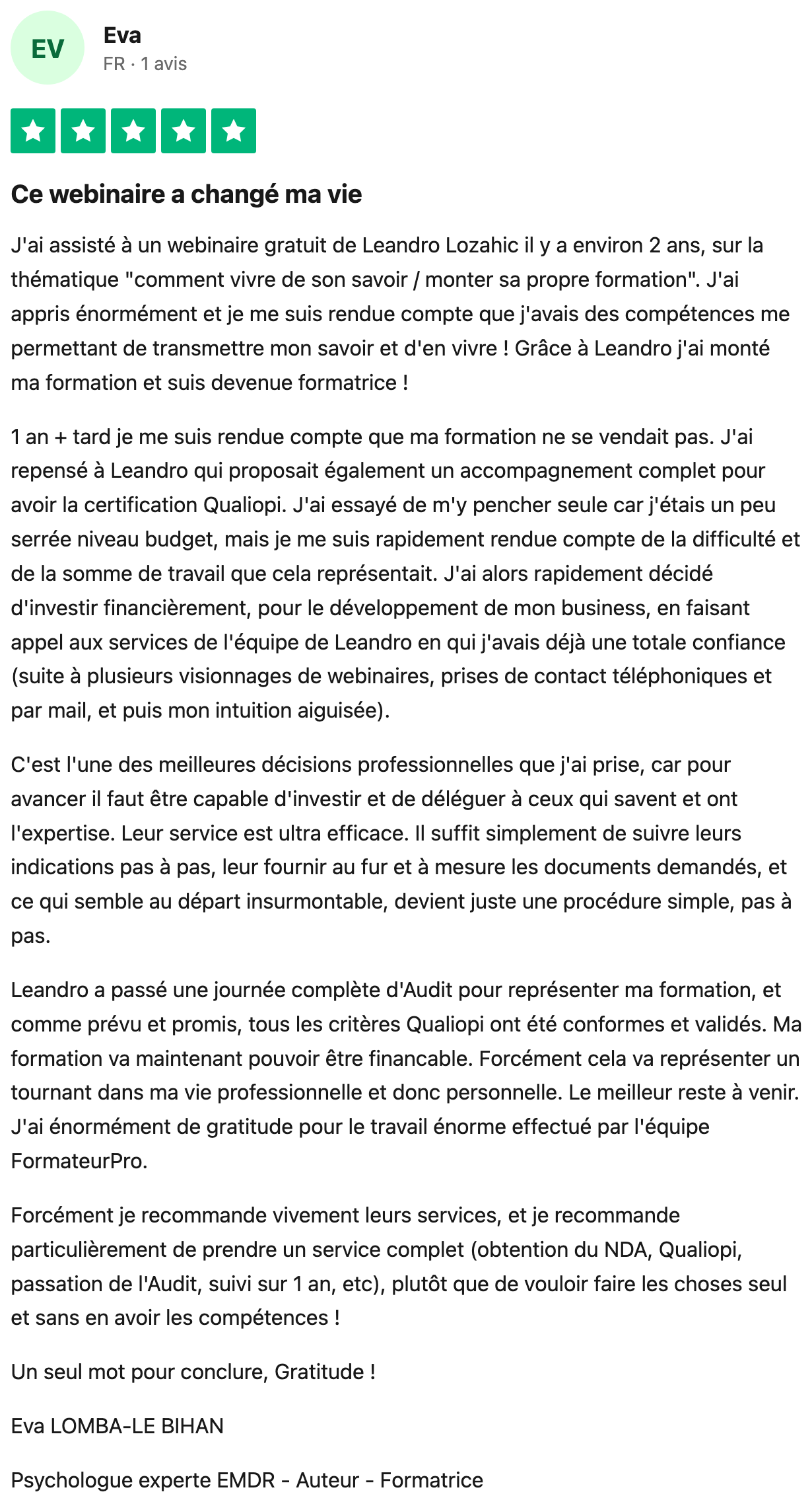 Avis Trustpilot vérifié — Eva, un investissement qui a changé sa vie