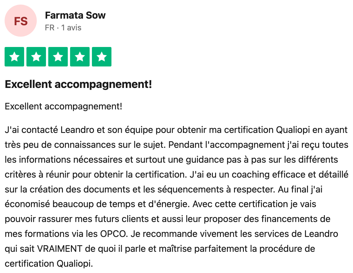 Avis Trustpilot vérifié — Farmata Sow, excellent accompagnement