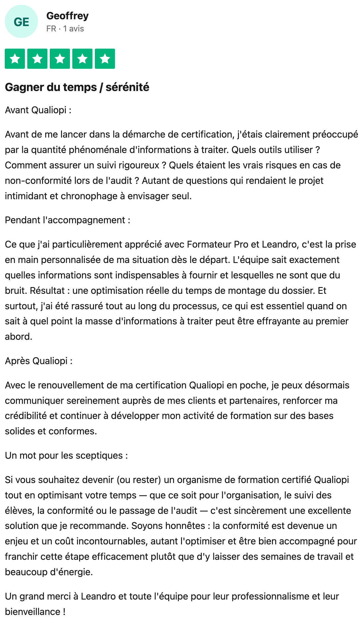 Avis Trustpilot vérifié — Geoffrey, renouvellement Qualiopi en poche