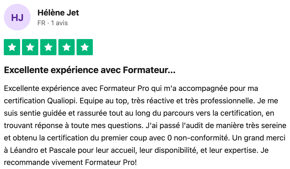 Avis Trustpilot vérifié — Hélène Jet, audit du premier coup, 0 non-conformité