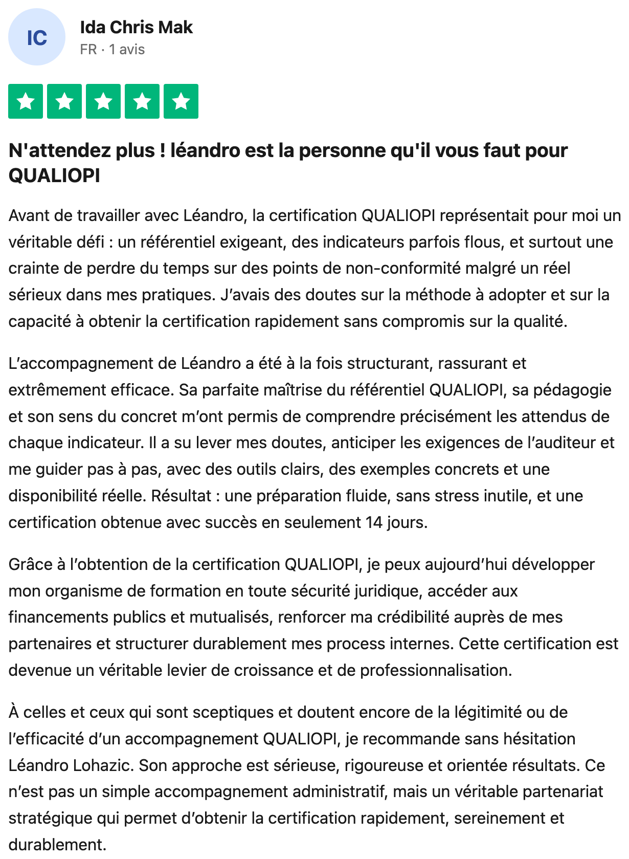 Avis Trustpilot vérifié — Ida Chris Mak, la personne qu'il faut pour Qualiopi