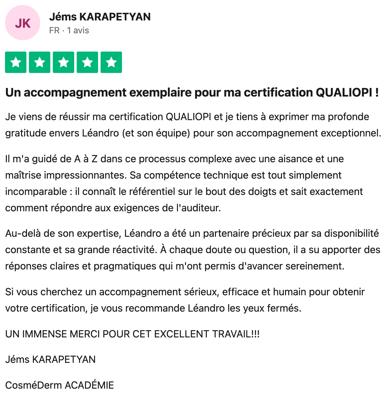 Avis Trustpilot vérifié — Jéms Karapetyan, accompagnement exemplaire