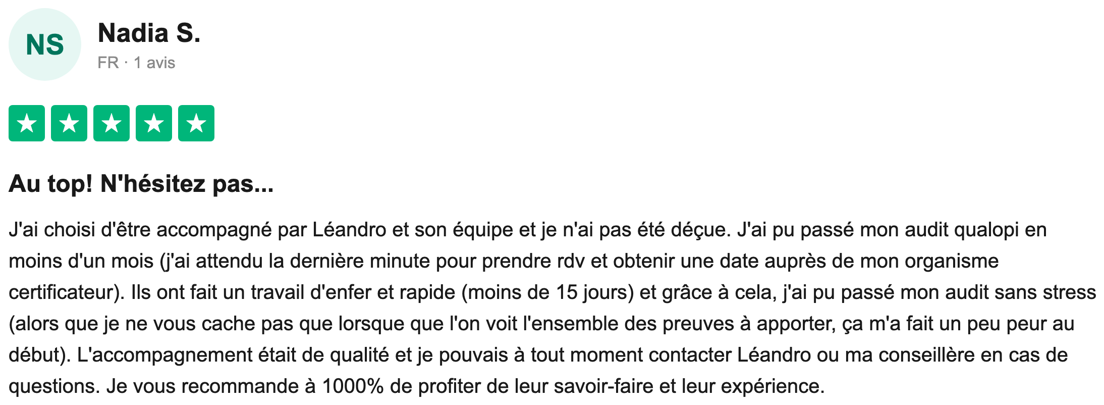 Avis Trustpilot vérifié — Nadia S., audit passé en moins d'un mois sans stress