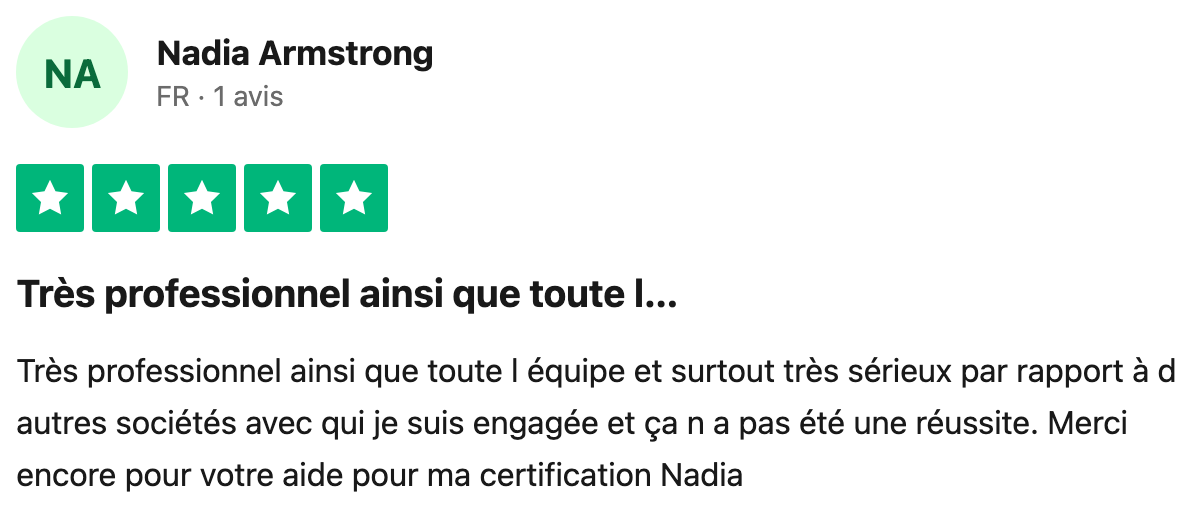 Avis Trustpilot vérifié — Nadia Armstrong, sérieux par rapport aux autres sociétés