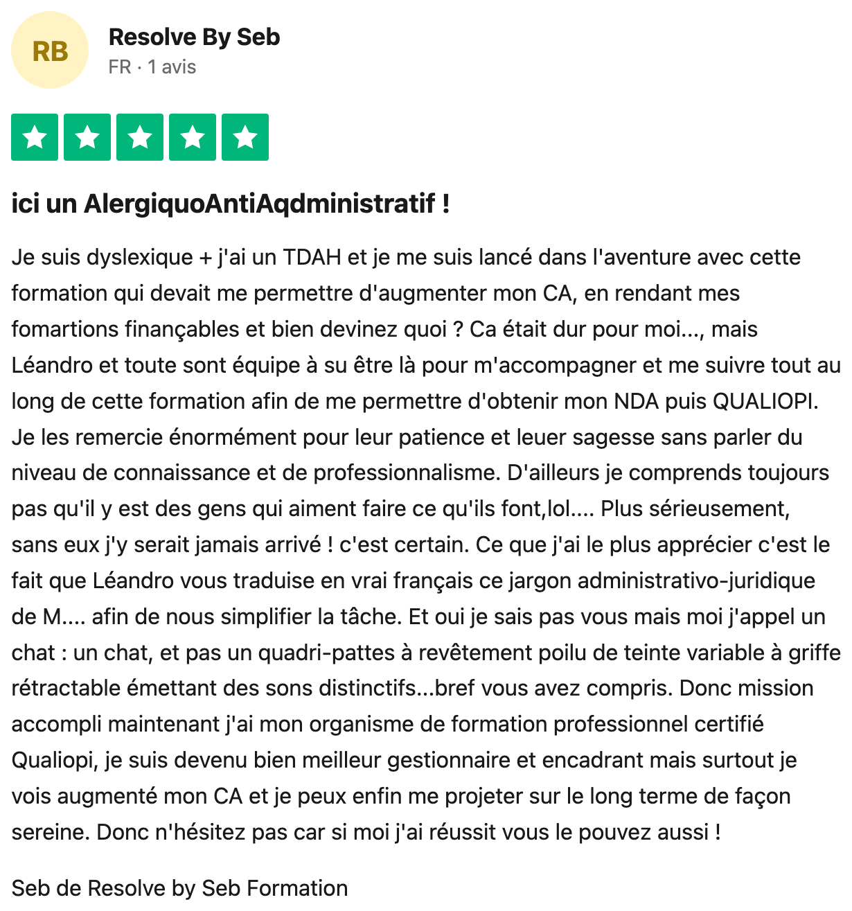 Avis Trustpilot vérifié — Resolve By Seb, jargon traduit en vrai français