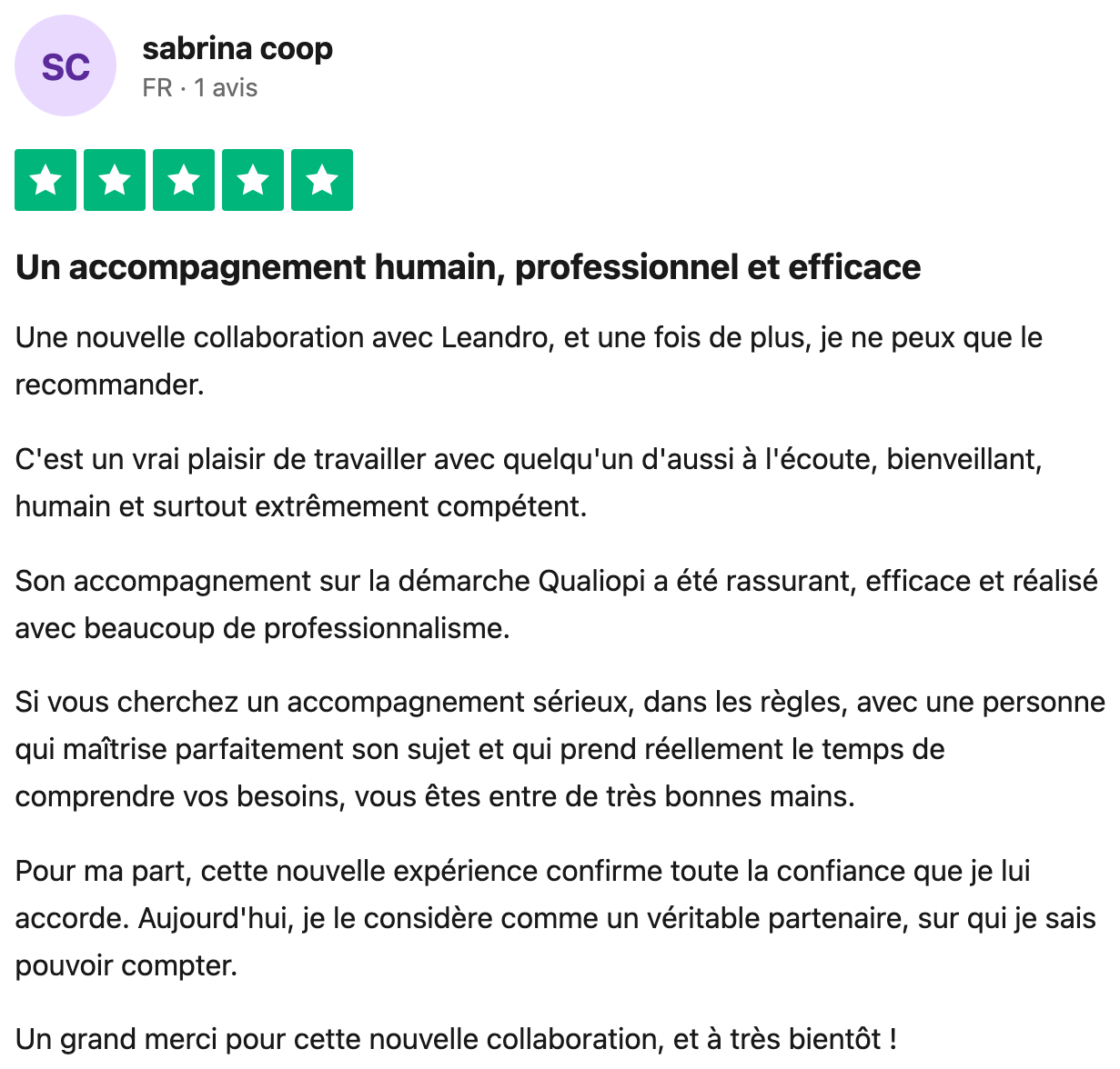 Avis Trustpilot vérifié — sabrina, nouvelle collaboration avec Leandro