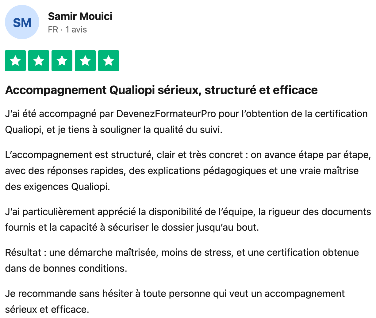 Avis Trustpilot vérifié — Samir Mouici, accompagnement sérieux et structuré