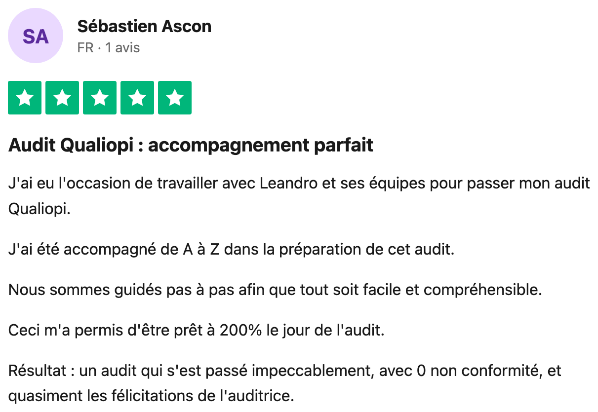 Avis Trustpilot vérifié — Sébastien Ascon, audit Qualiopi accompagnement parfait