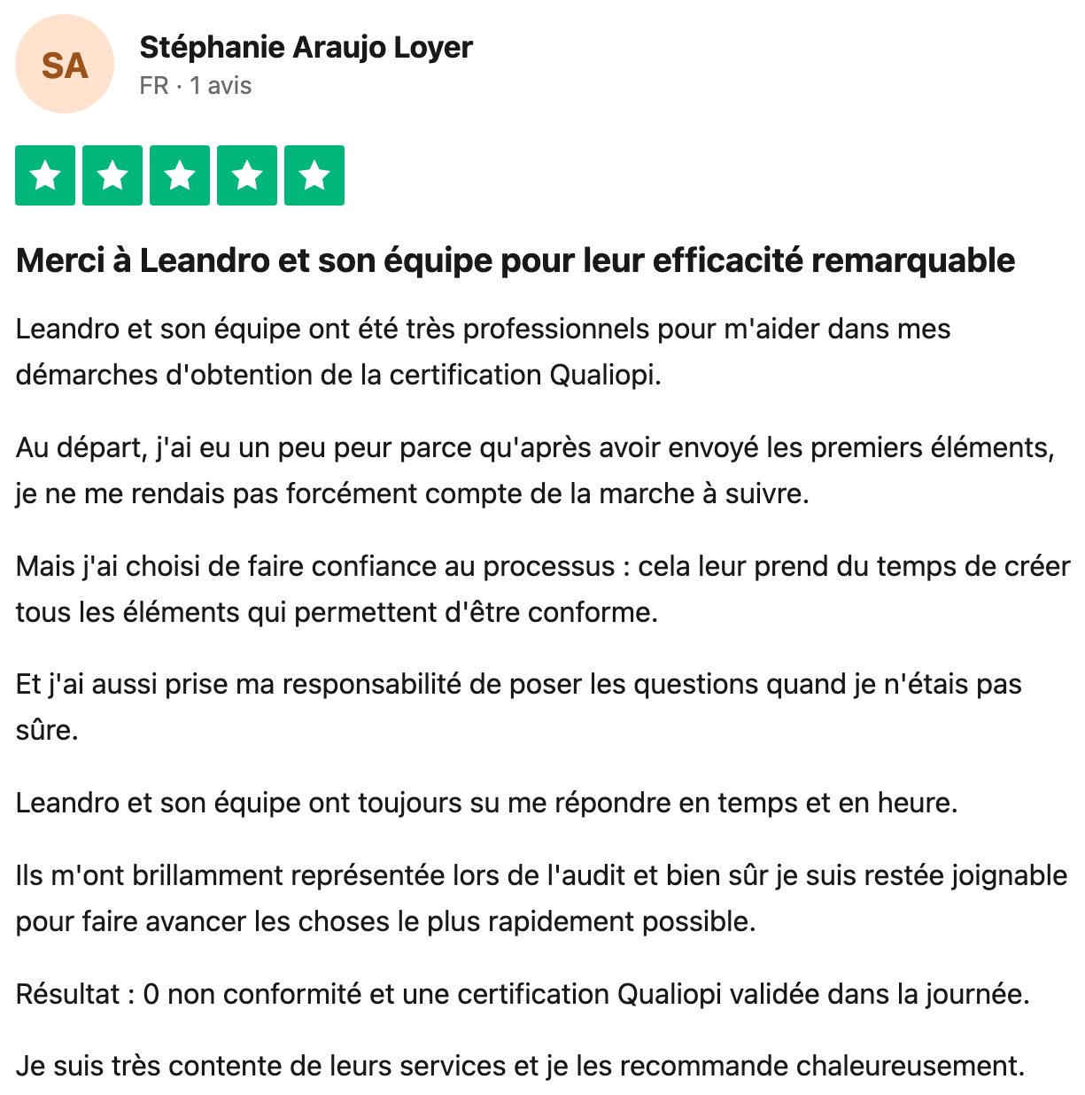 Avis Trustpilot vérifié — Stéphanie Araujo Loyer, certification validée dans la journée
