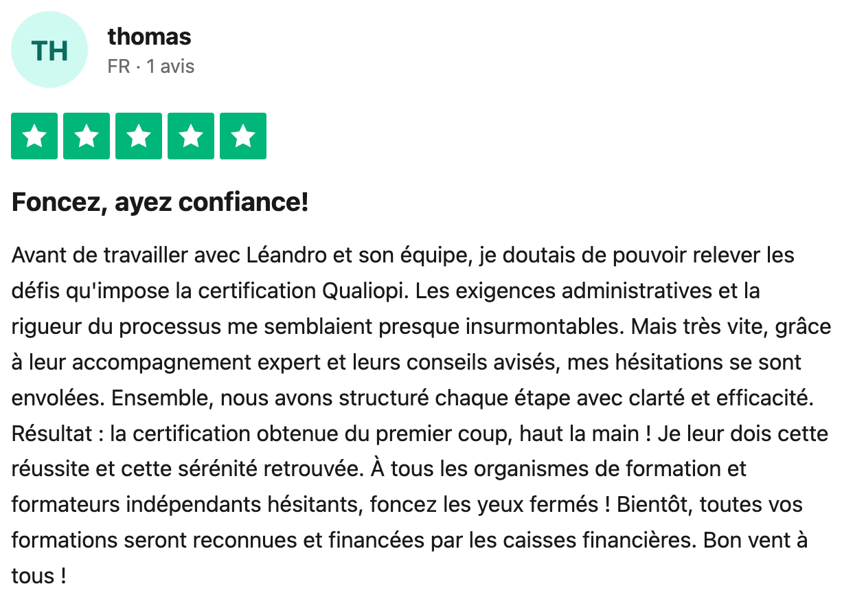Avis Trustpilot vérifié — thomas, certification obtenue du premier coup
