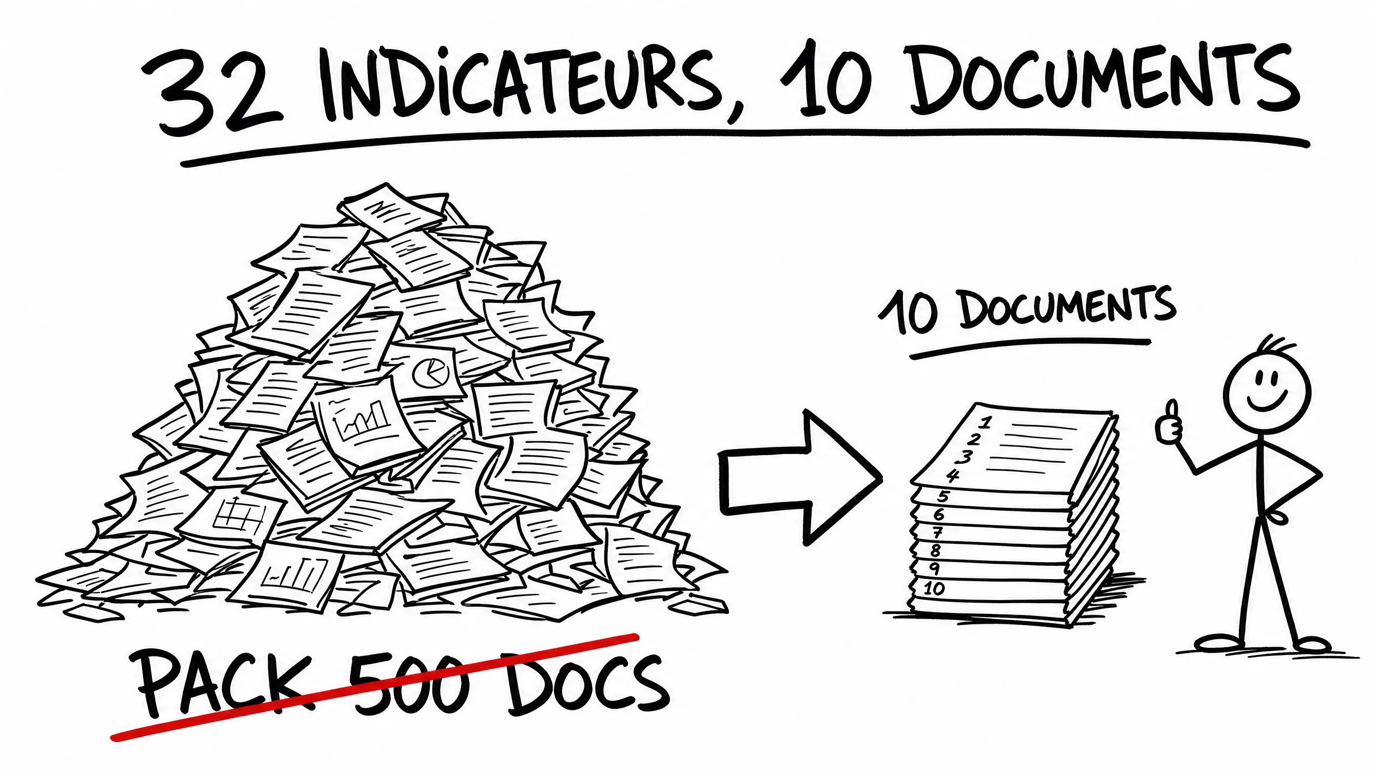 Schéma dessiné : les indicateurs Qualiopi ne demandent pas des centaines de documents, mais une poignée bien faits.