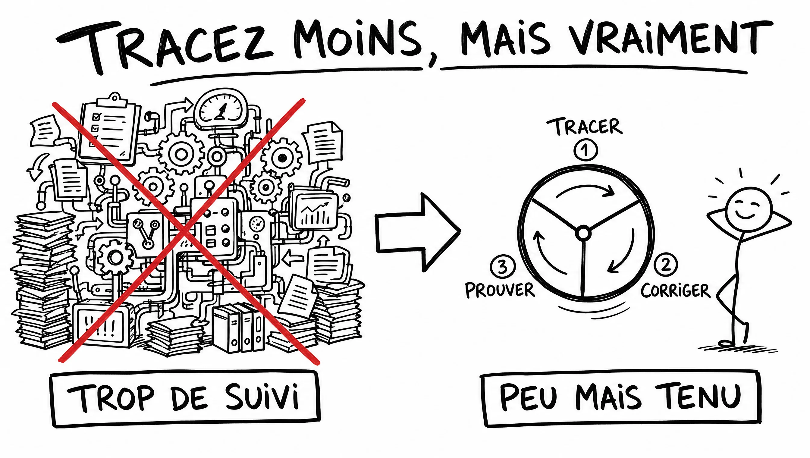 Schéma dessiné : tracez moins mais vraiment — un suivi léger et tenu vaut mieux qu'un système lourd abandonné.