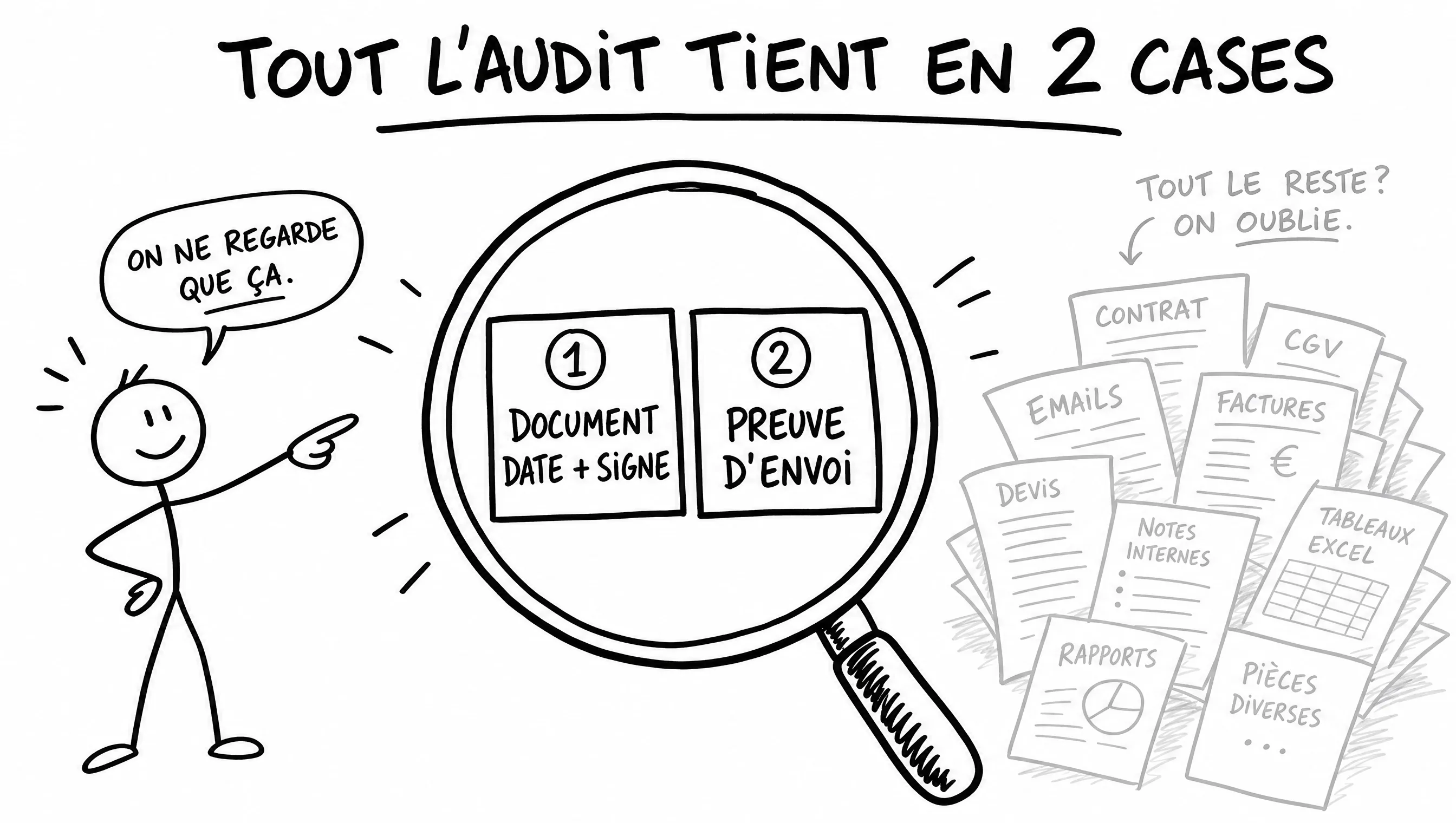 Schéma dessiné : l'audit ne vérifie que deux choses — un document daté et signé, et la preuve de son envoi.