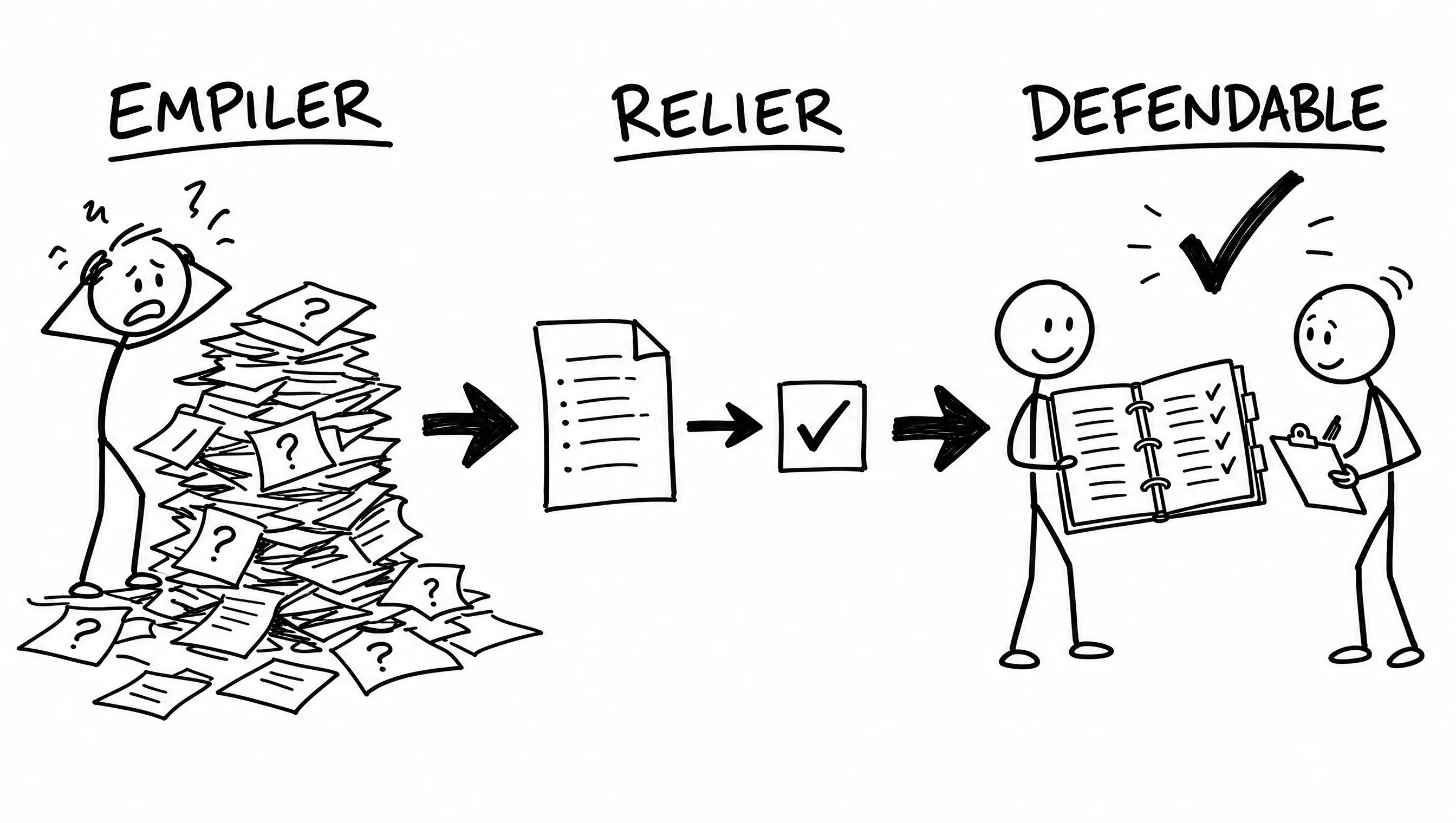 Schéma dessiné façon tableau blanc : empiler des documents laisse des questions ; relier chaque preuve au bon indicateur rend le dossier défendable devant l'auditeur.