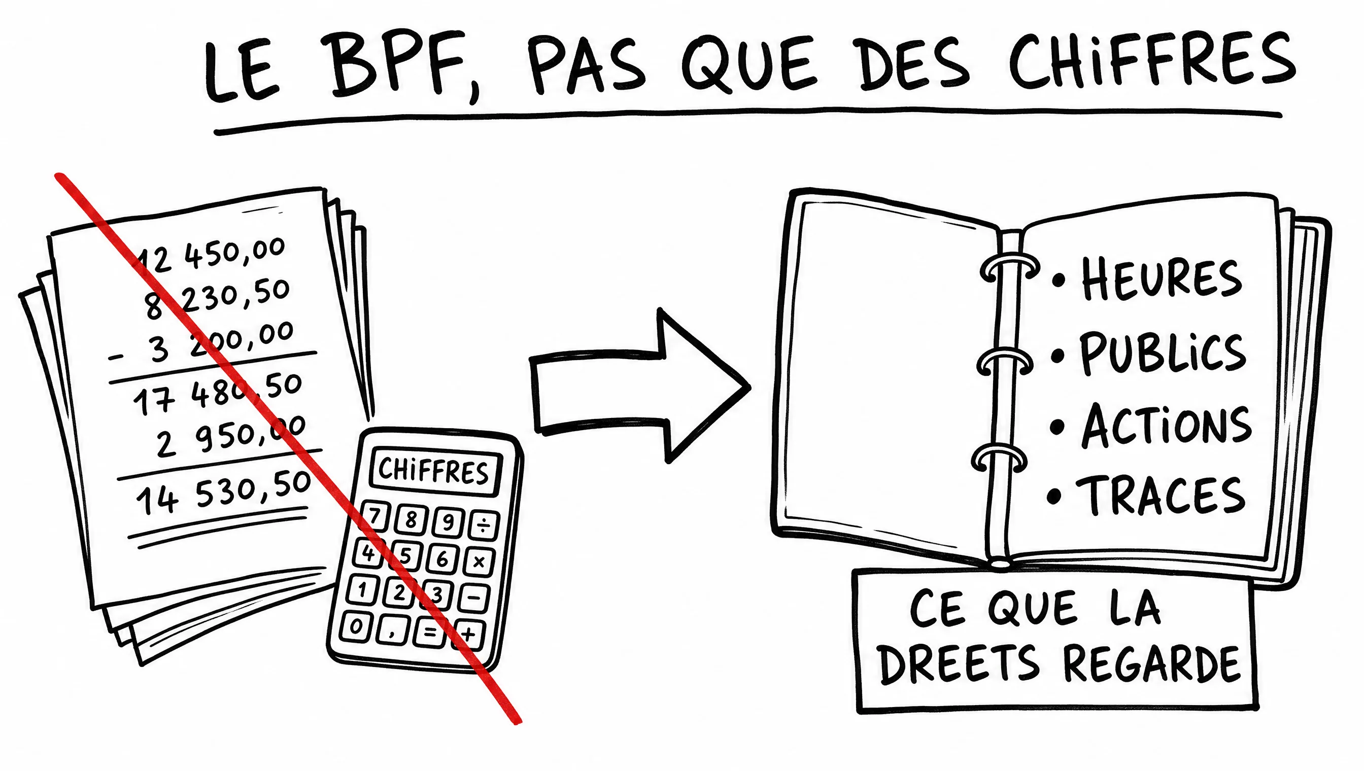 Schéma dessiné : le BPF n'est pas que des chiffres comptables — la DREETS regarde aussi les heures, les publics, les actions et les traces.