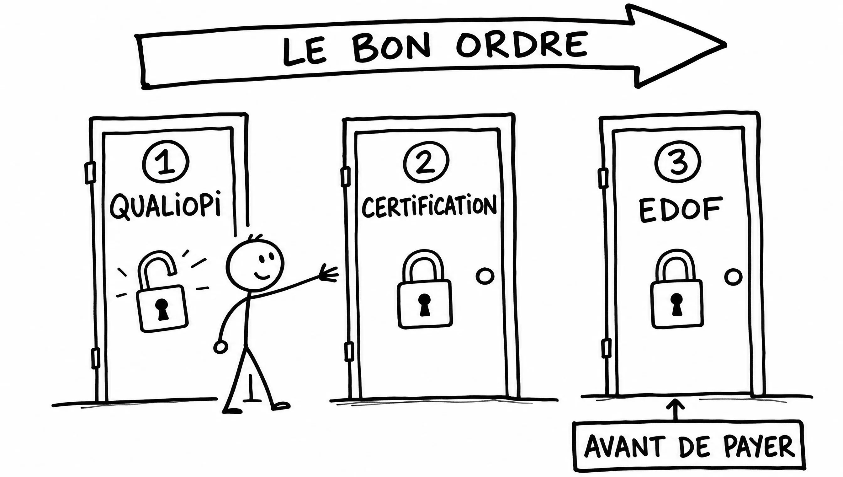 Schéma dessiné façon tableau blanc : trois portes successives à franchir dans le bon ordre avant de payer — Qualiopi, certification, puis EDOF.