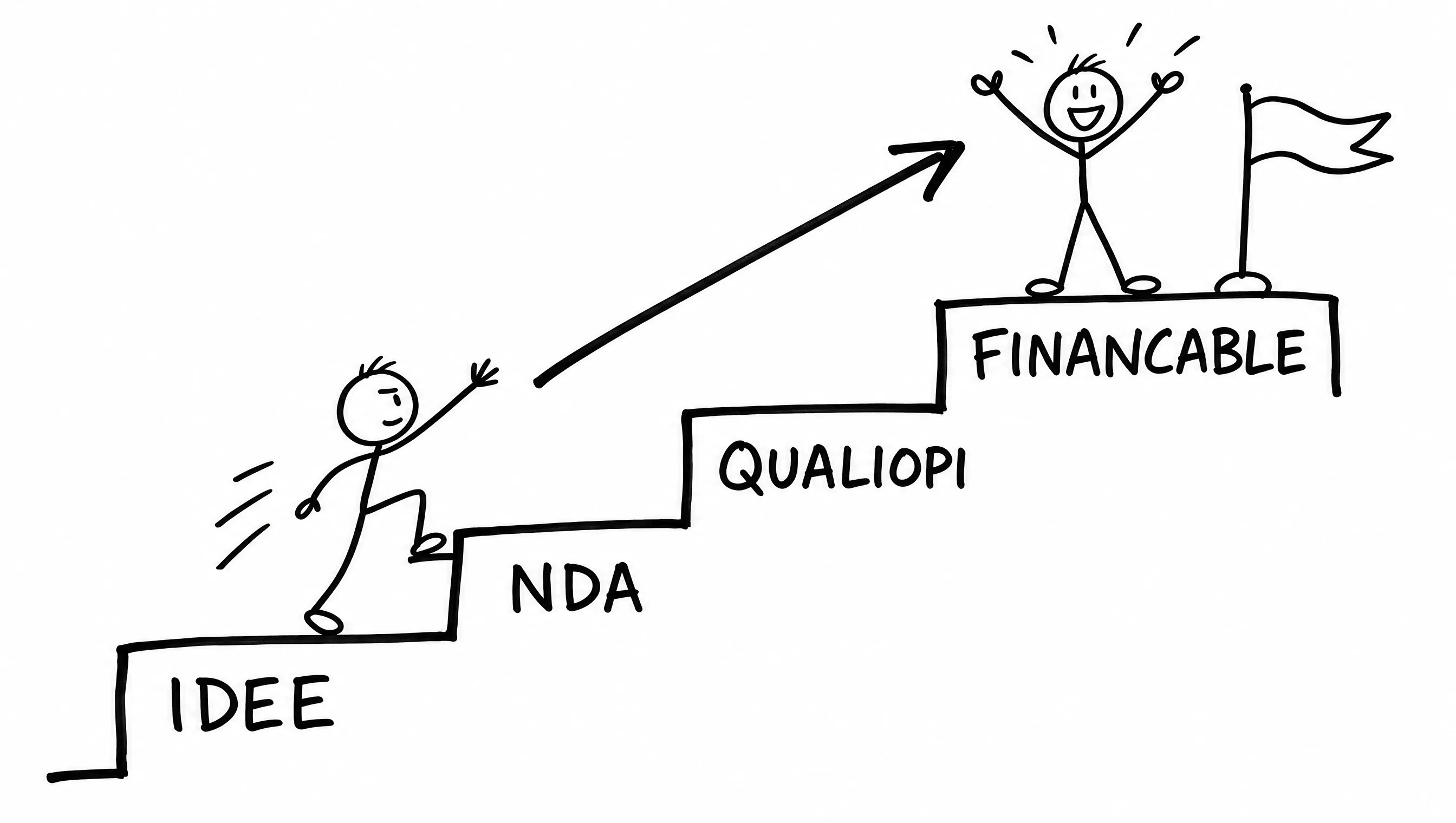 Avant : vous voulez former mais vous n'avez pas d'organisme. On crée votre organisme et votre déclaration d'activité. Après : vous êtes Qualiopi, vos formations finançables OPCO et CPF.
