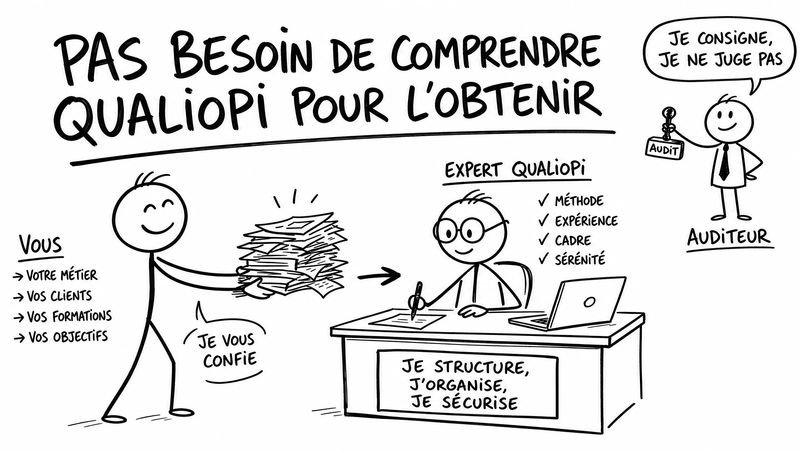 Schéma dessiné : vous confiez votre métier, l'expert structure le dossier, l'auditeur consigne sans juger — vous n'avez pas besoin de comprendre Qualiopi pour l'obtenir.