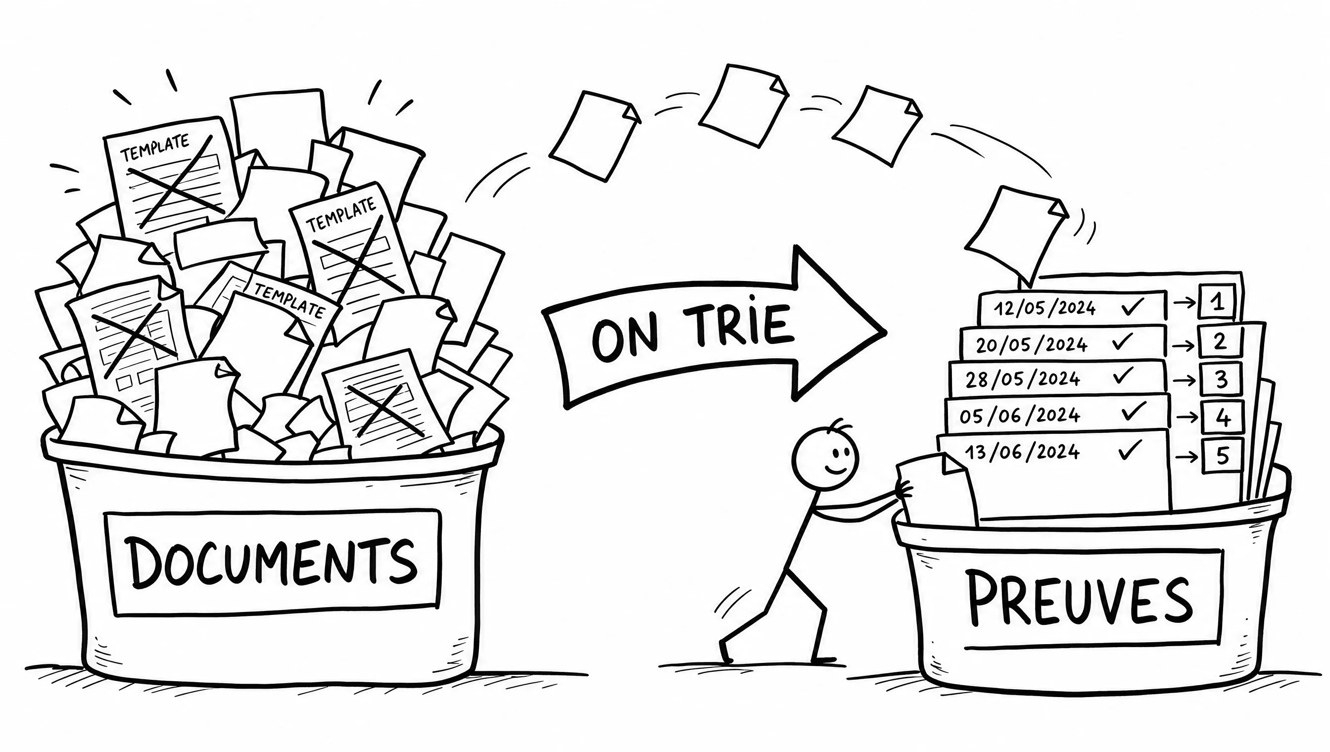 Schéma dessiné : des documents génériques et des modèles barrés triés en preuves datées et numérotées, prêtes pour l'audit.