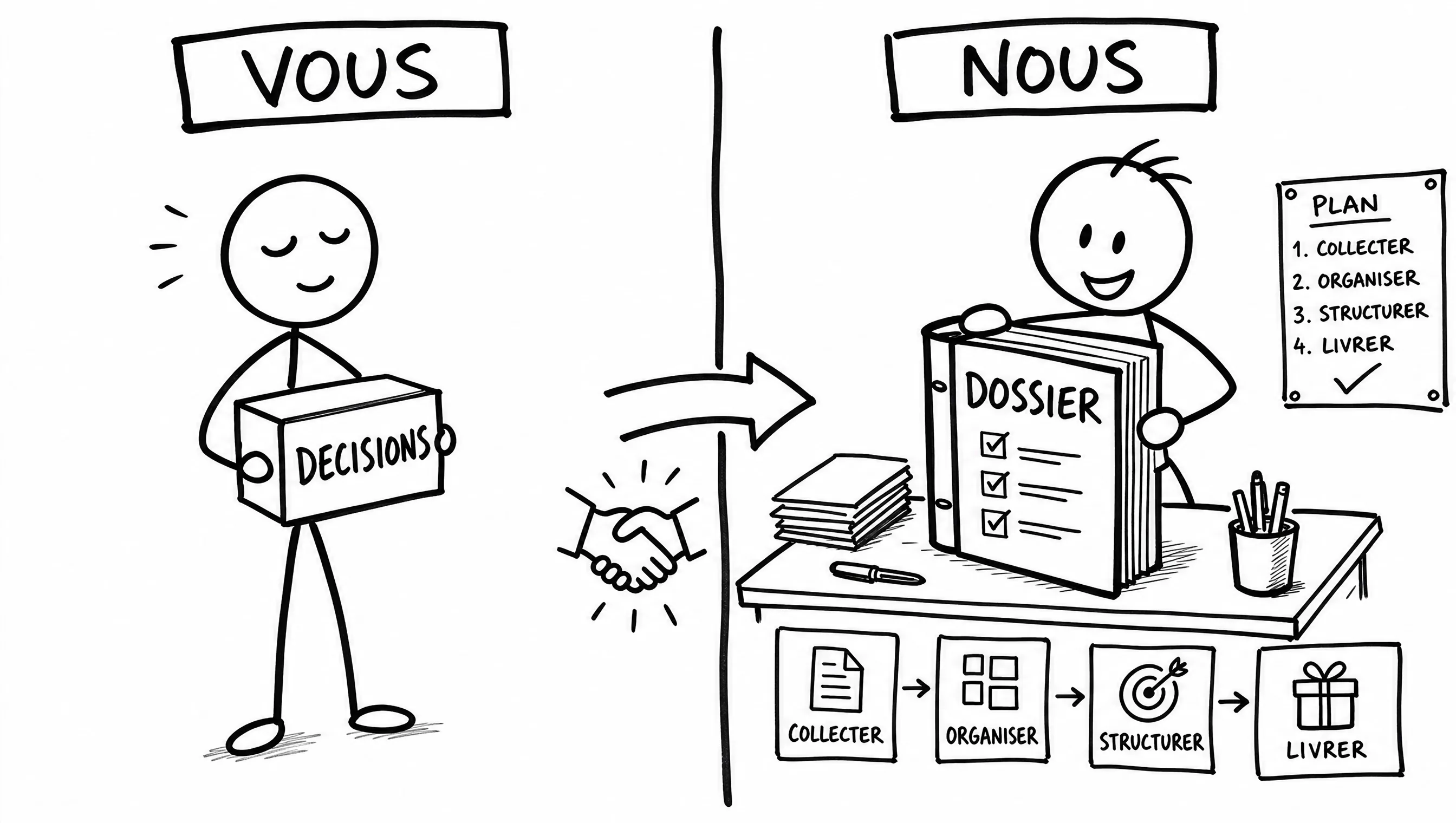 Schéma dessiné : ce que vous gardez — vos décisions — face à ce que Formateur Pro reprend : collecter, organiser, structurer et livrer votre dossier Qualiopi.