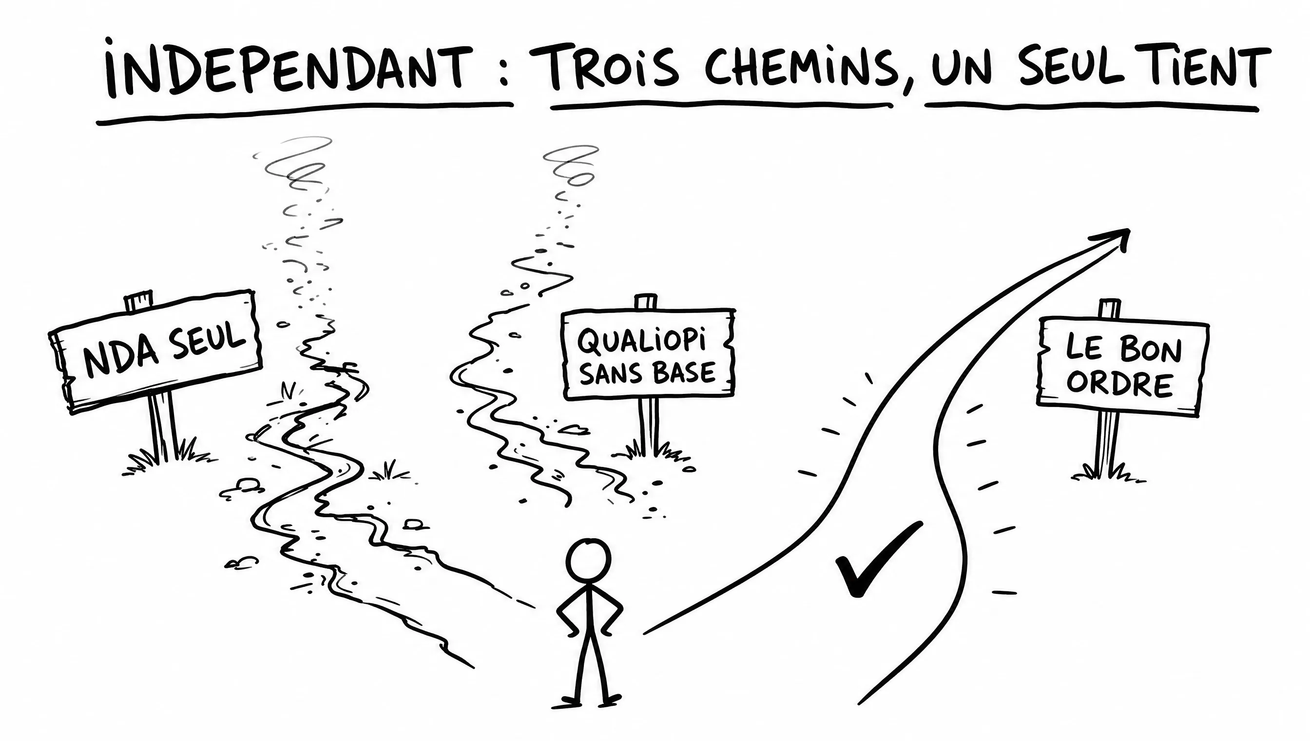 Schéma dessiné : trois chemins possibles pour un formateur indépendant, un seul tient — le bon ordre selon votre situation.