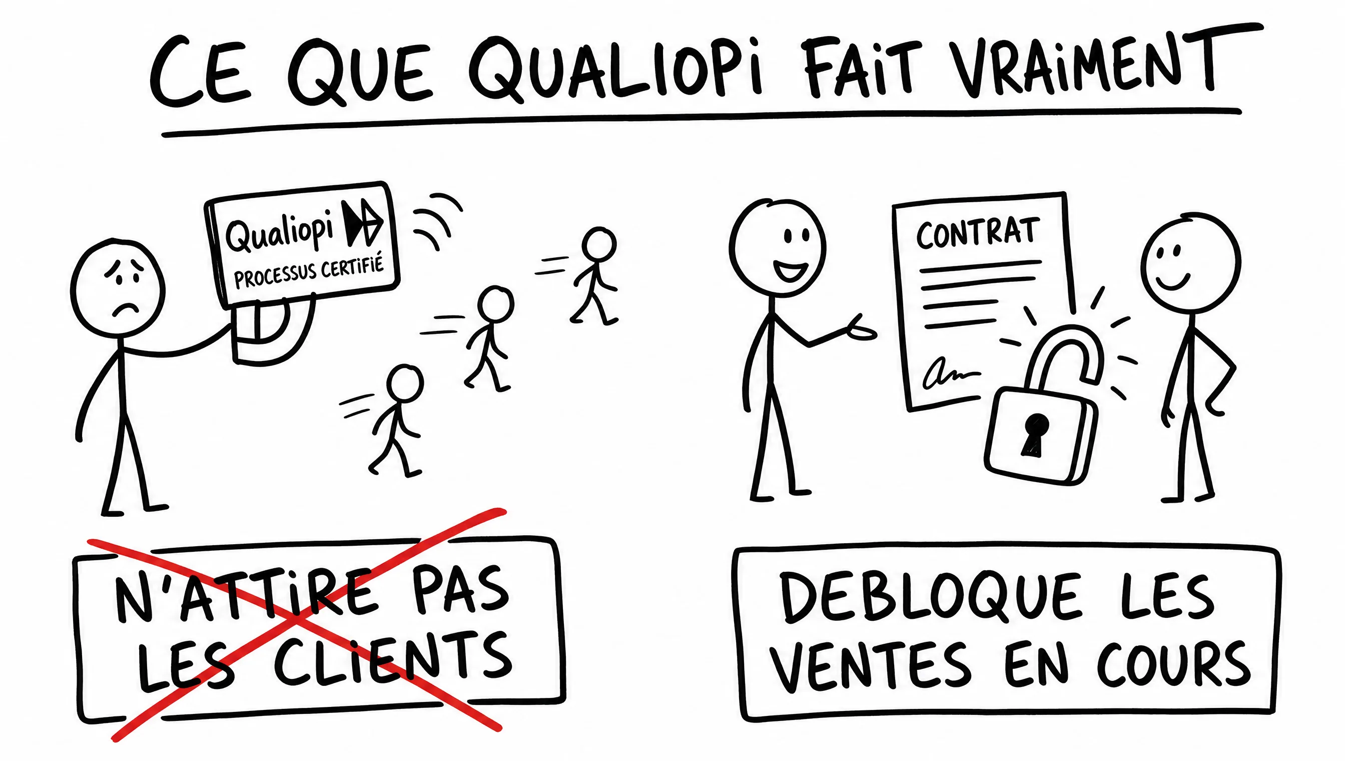 Schéma dessiné : Qualiopi ne fait pas venir les clients — il débloque les ventes déjà en cours.