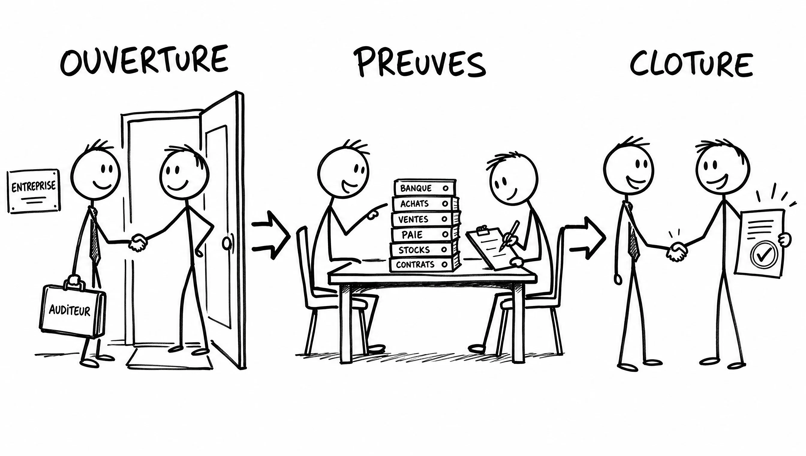 Schéma pédagogique : préparer l'ouverture de l'audit, la présentation des preuves et la clôture.