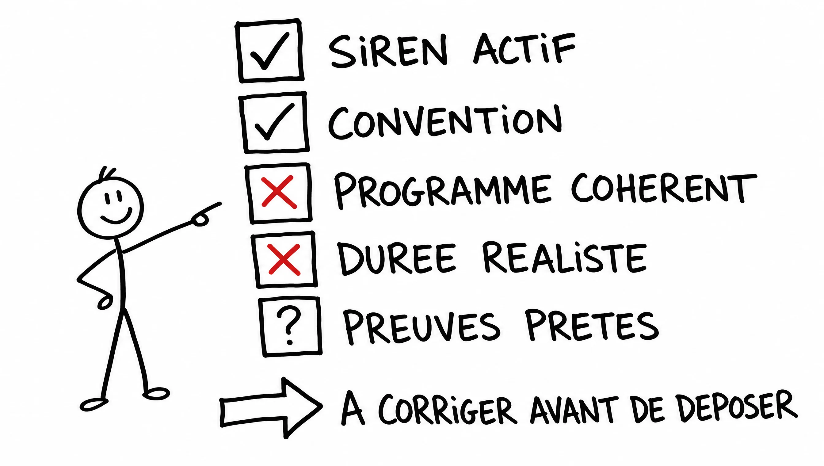 Schéma dessiné : une checklist NDA — SIREN actif, convention, programme cohérent, durée réaliste, preuves prêtes — à corriger avant de déposer.