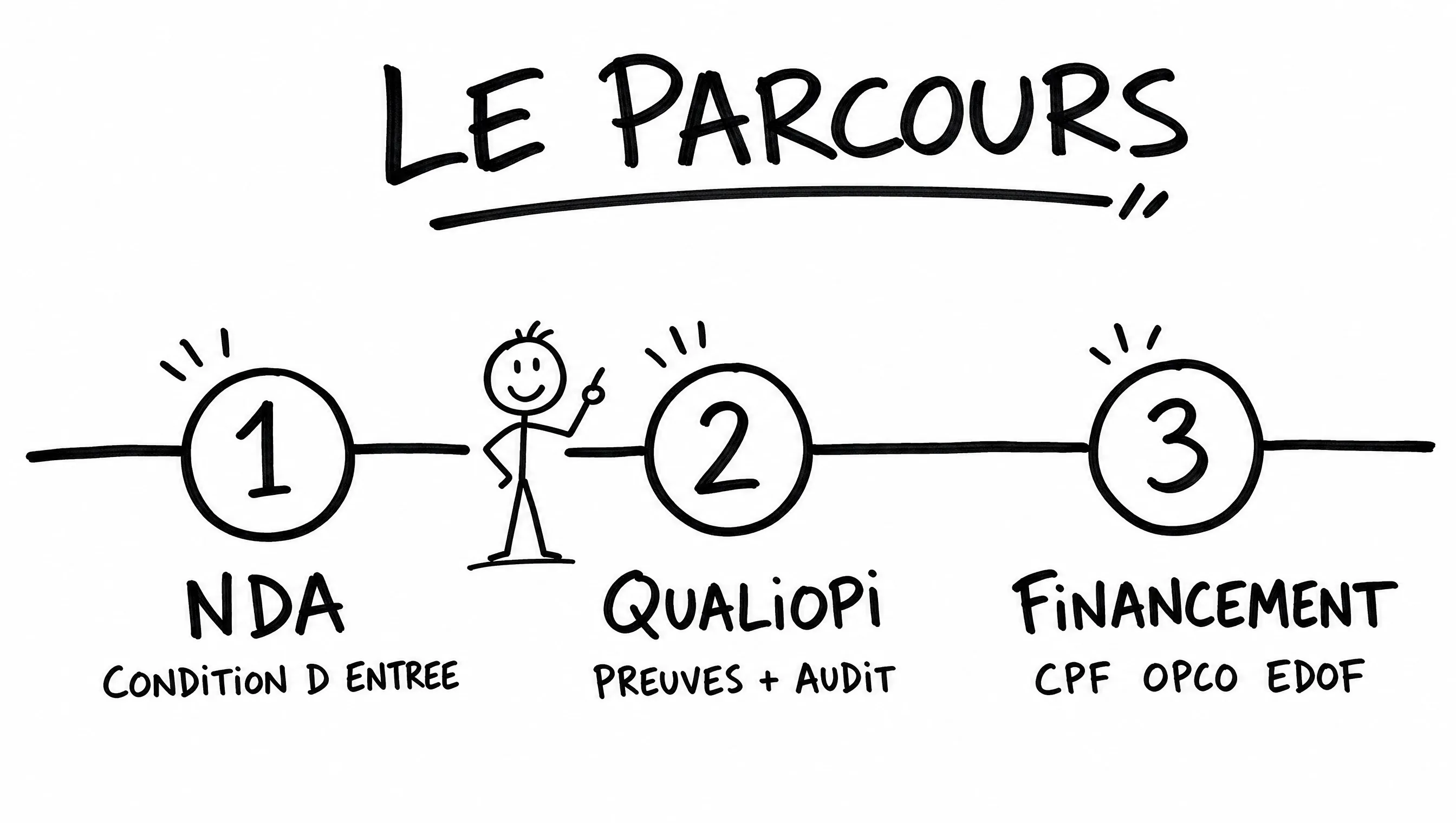 Schéma dessiné : le brouillard du départ remis dans le bon ordre — d'abord le NDA, puis Qualiopi, puis le financement.