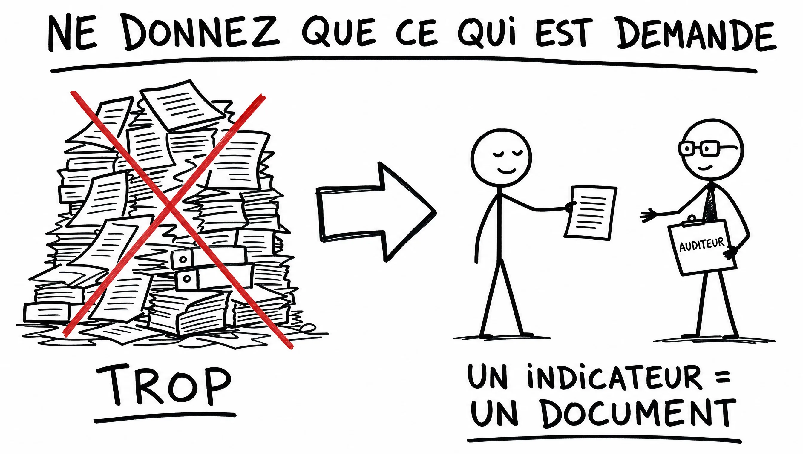 Schéma dessiné : le jour de l'audit, ne donnez que ce qui est demandé — un indicateur, un document, sans en montrer plus.