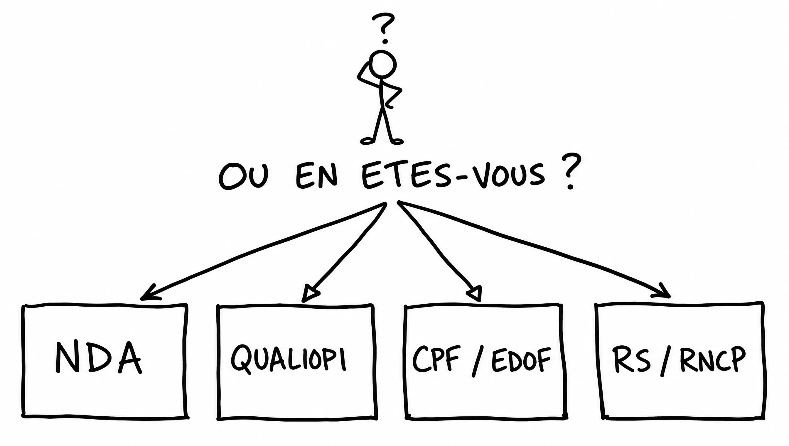 Schéma dessiné façon tableau blanc : un arbre de décision pour choisir par où commencer — NDA, Qualiopi, CPF/EDOF ou RS/RNCP.