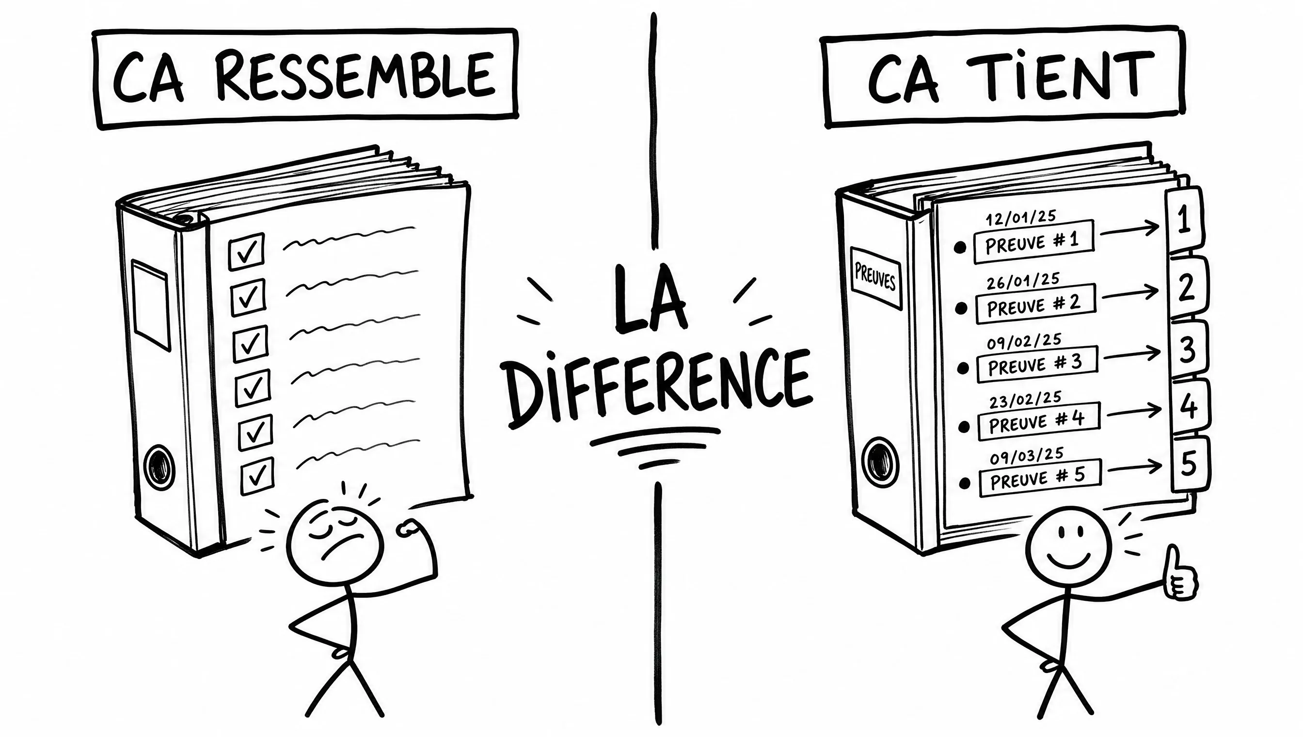 Schéma dessiné façon tableau blanc : un dossier qui ressemble à un bon dossier face à un dossier qui tient, avec des preuves datées reliées aux indicateurs.