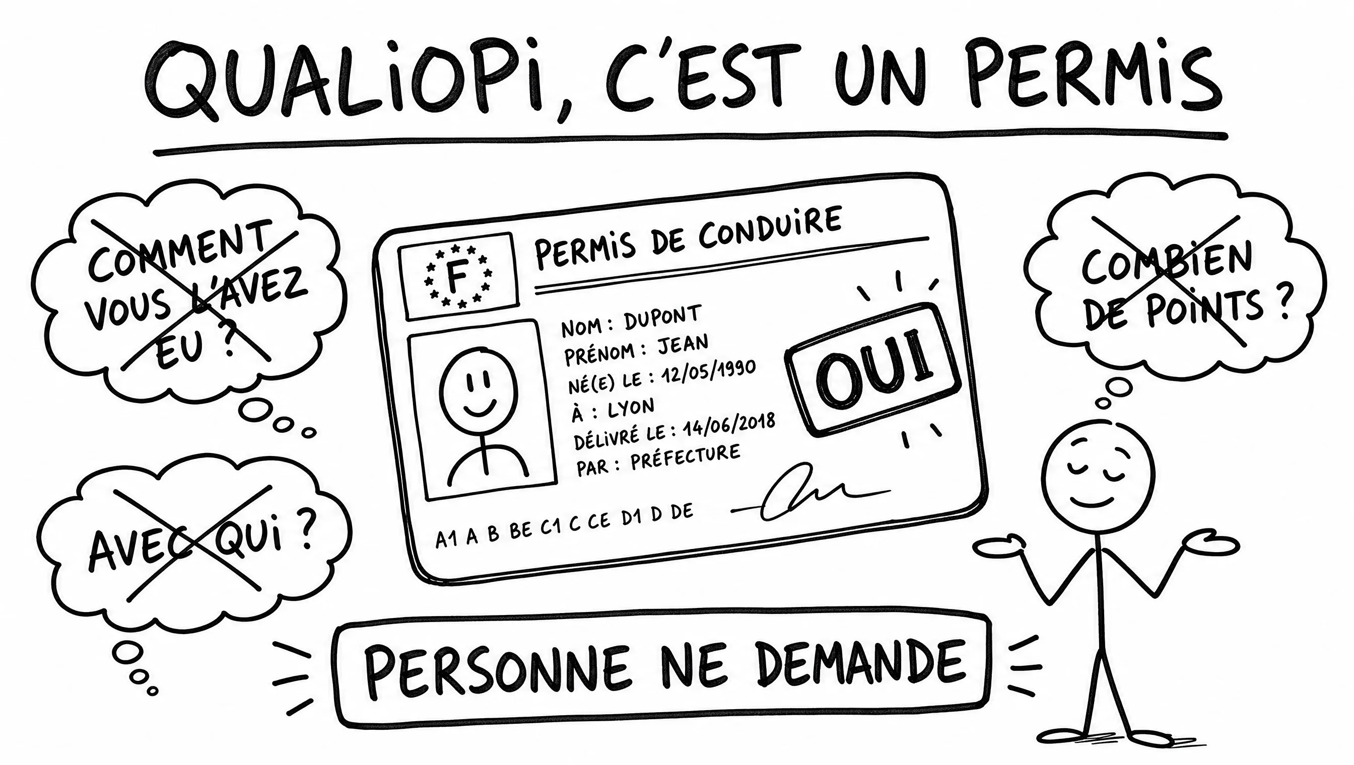Schéma dessiné : Qualiopi est comme un permis, binaire — une fois obtenu, personne ne demande comment vous l'avez eu.